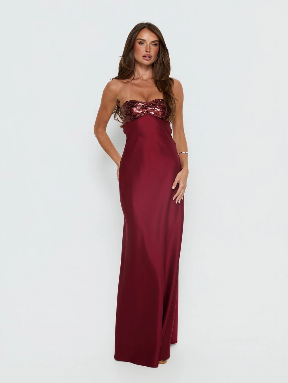 See The Vision Sequin Bust Strapless Maxi Dress Burgundy - Picture 3 of 14